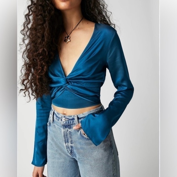 Free People Tops - Free People Miraya Satin Twist Front Crop Top Corsair Blue XS NWT Glam.